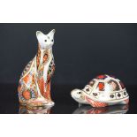 Two Royal Crown Derby Paperweights in the form of a Tortoise and Siamese Cat, 14cms high