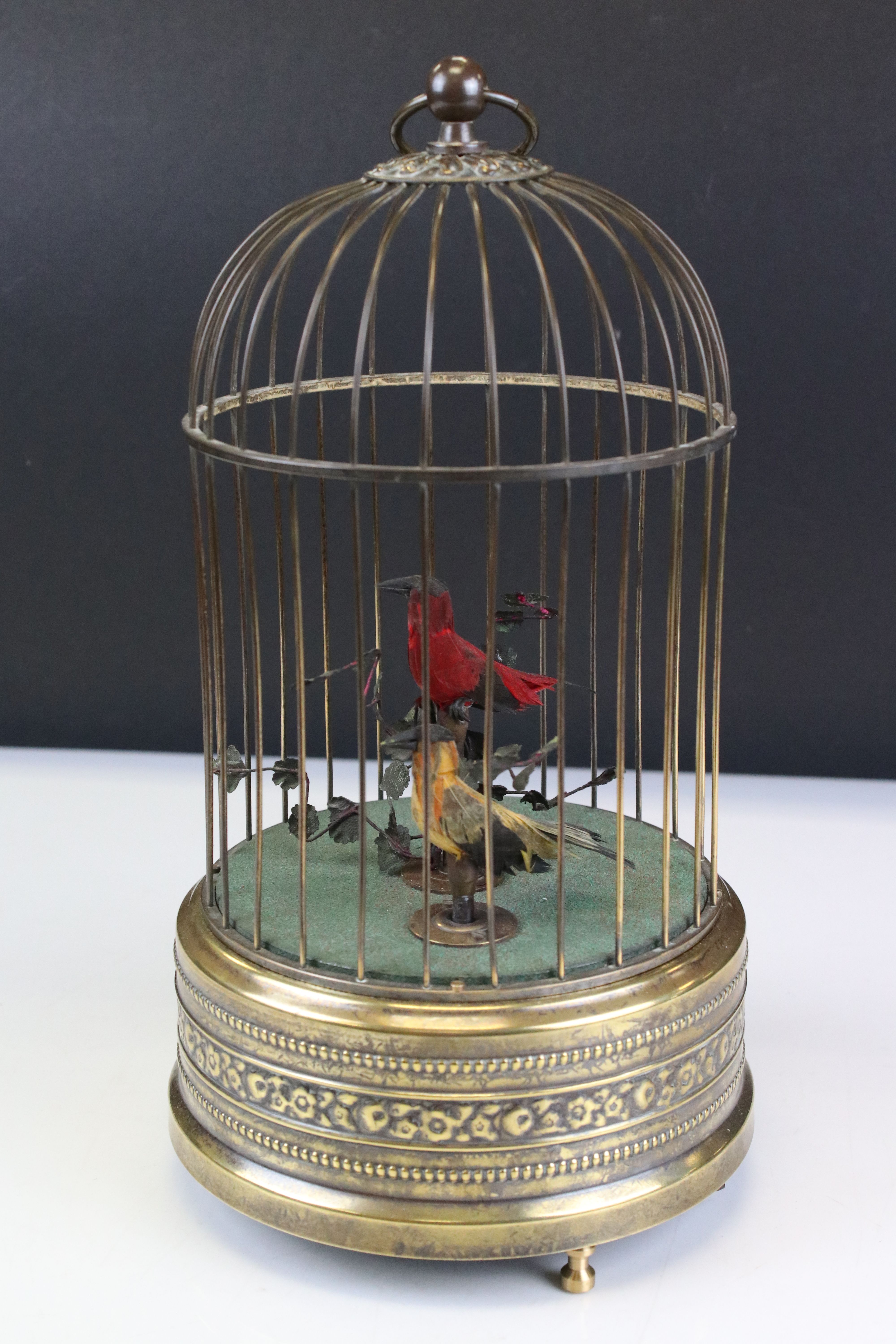 20th century Gilt Metal Bird Cage Clockwork Automaton with two singing birds, working at time of