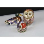 Three Royal Crown Derby Paperweights including Owl, Mallard Duck and Robin Nesting