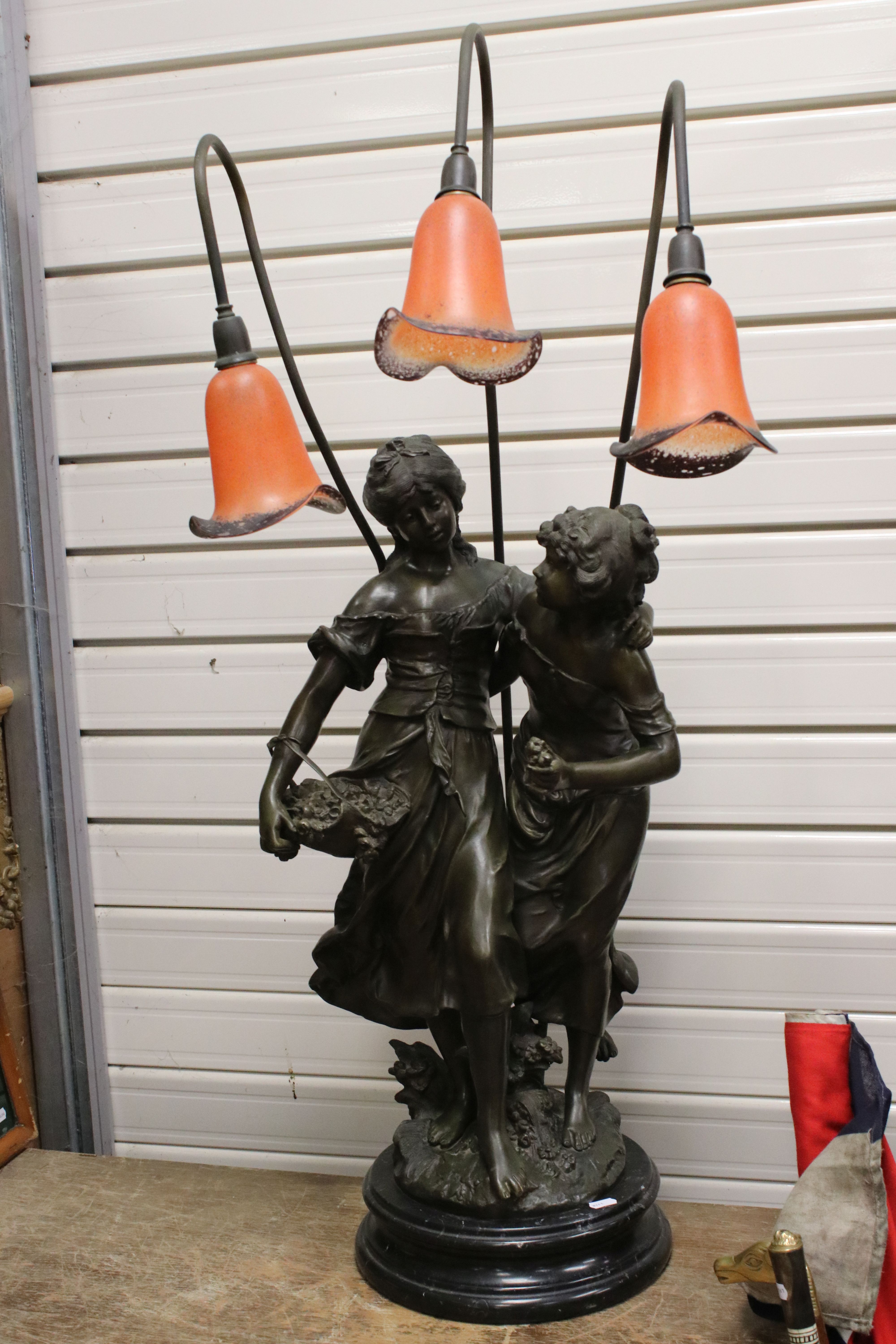 After Moreau, Large Cast Metal Bronzed Table Lamp in the form of Two Maidens, the three branches - Image 2 of 20