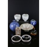 Collection of Studio Ceramics including Pair of Porcelain Stem Cups, Troika style Vase, Blue