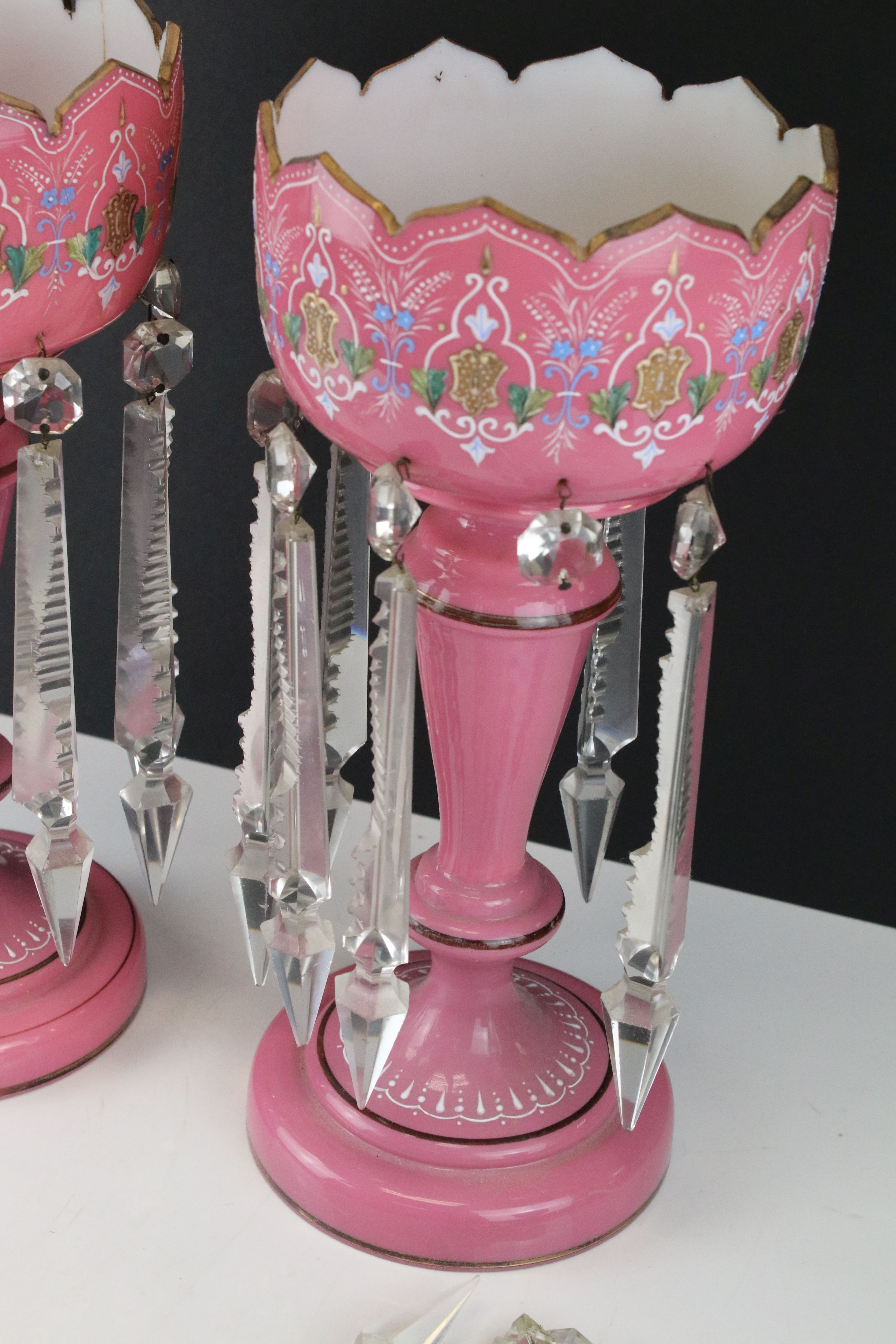 Pair of Victorian Pink Glass Lustres with gilt, pate sur pate and decoration, each hung with - Image 7 of 10