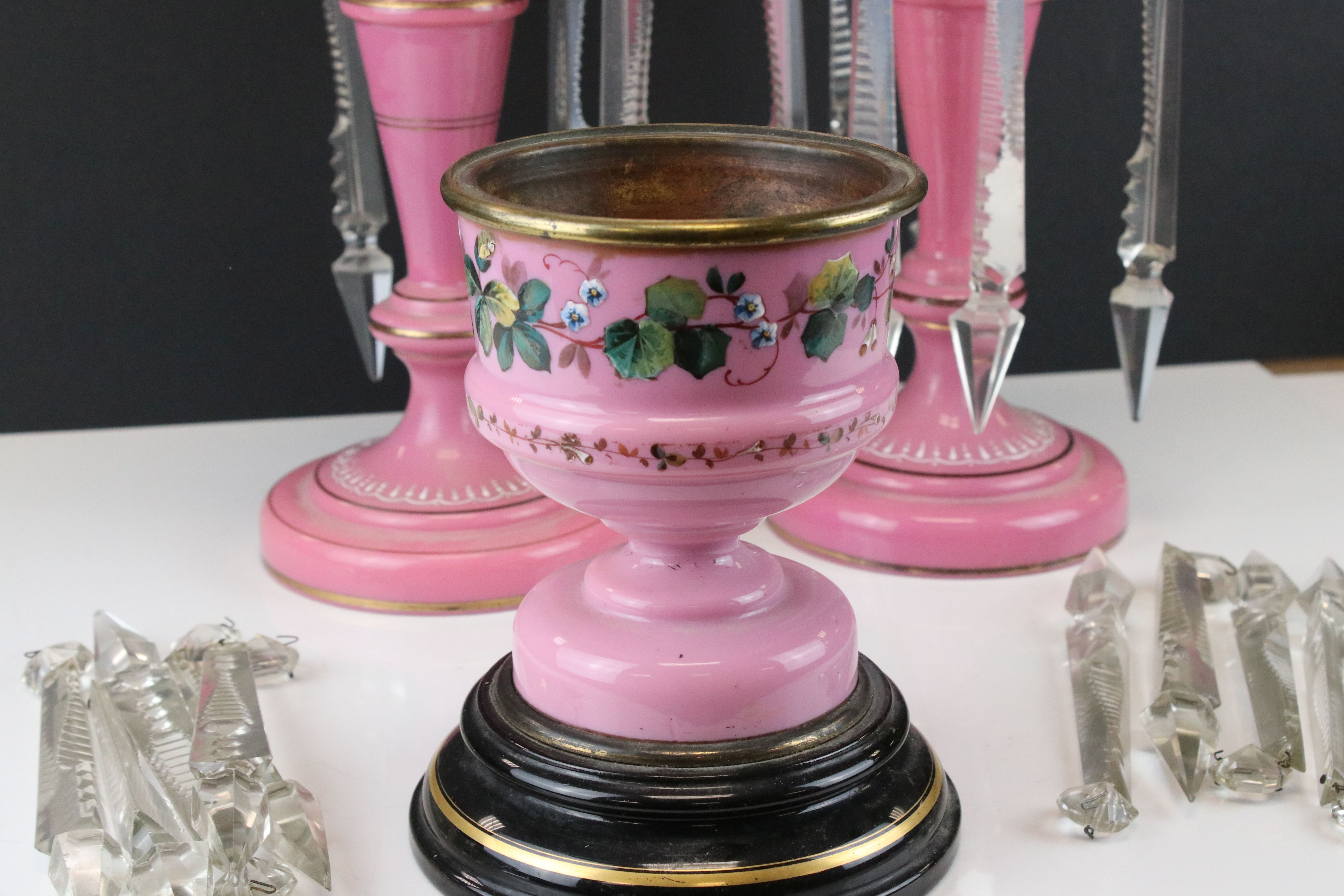 Pair of Victorian Pink Glass Lustres with gilt, pate sur pate and decoration, each hung with - Image 3 of 10
