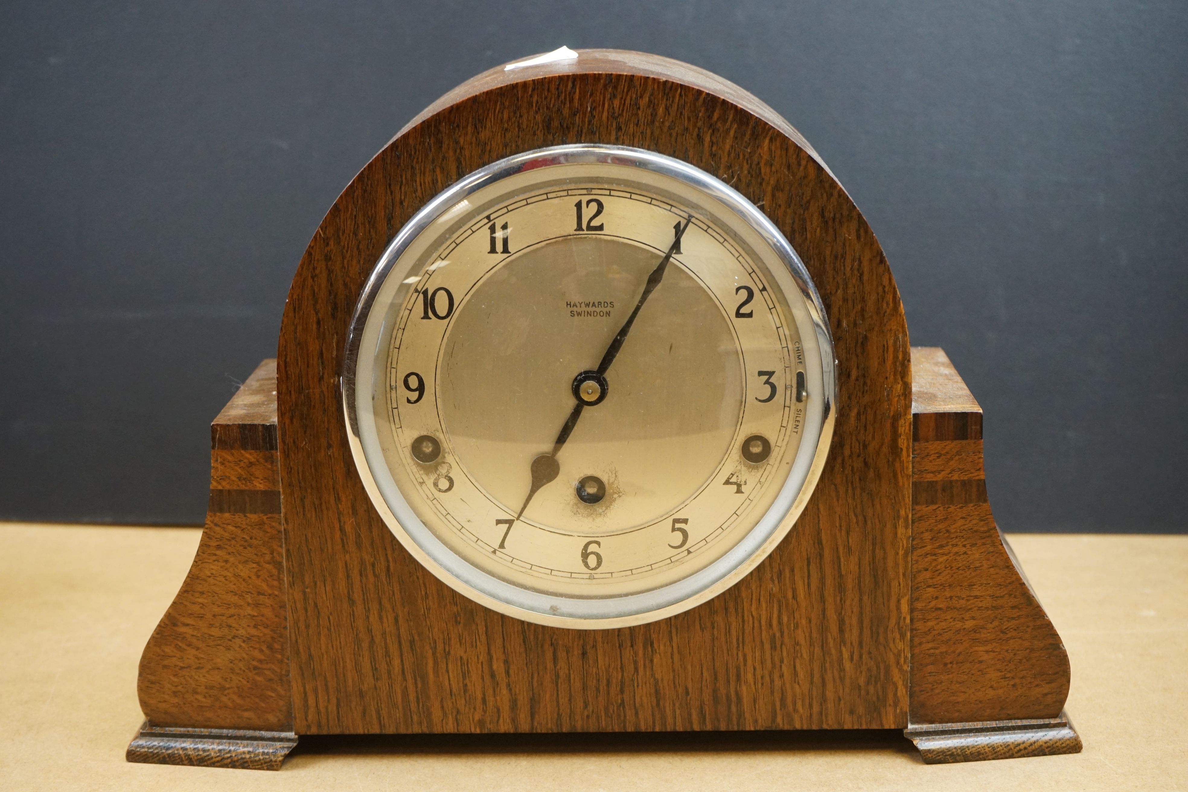 Two wooden cased mantle clocks to include a chiming example, both marked by Swindon retailers. - Image 5 of 8