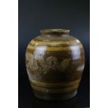 Chinese Stoneware Brown Glazed Bulbous Vase decorated with dragons, 32cms high