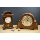 Two wooden cased mantle clocks to include a chiming example, both marked by Swindon retailers.