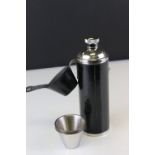 Black Leather Cased Stainless Steel Hip Flask and Four Stirrup Cup Set