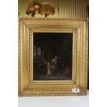19th century Oil Painting on Canvas depicting a family in an interior scene, 34cms x 28cms, gilt