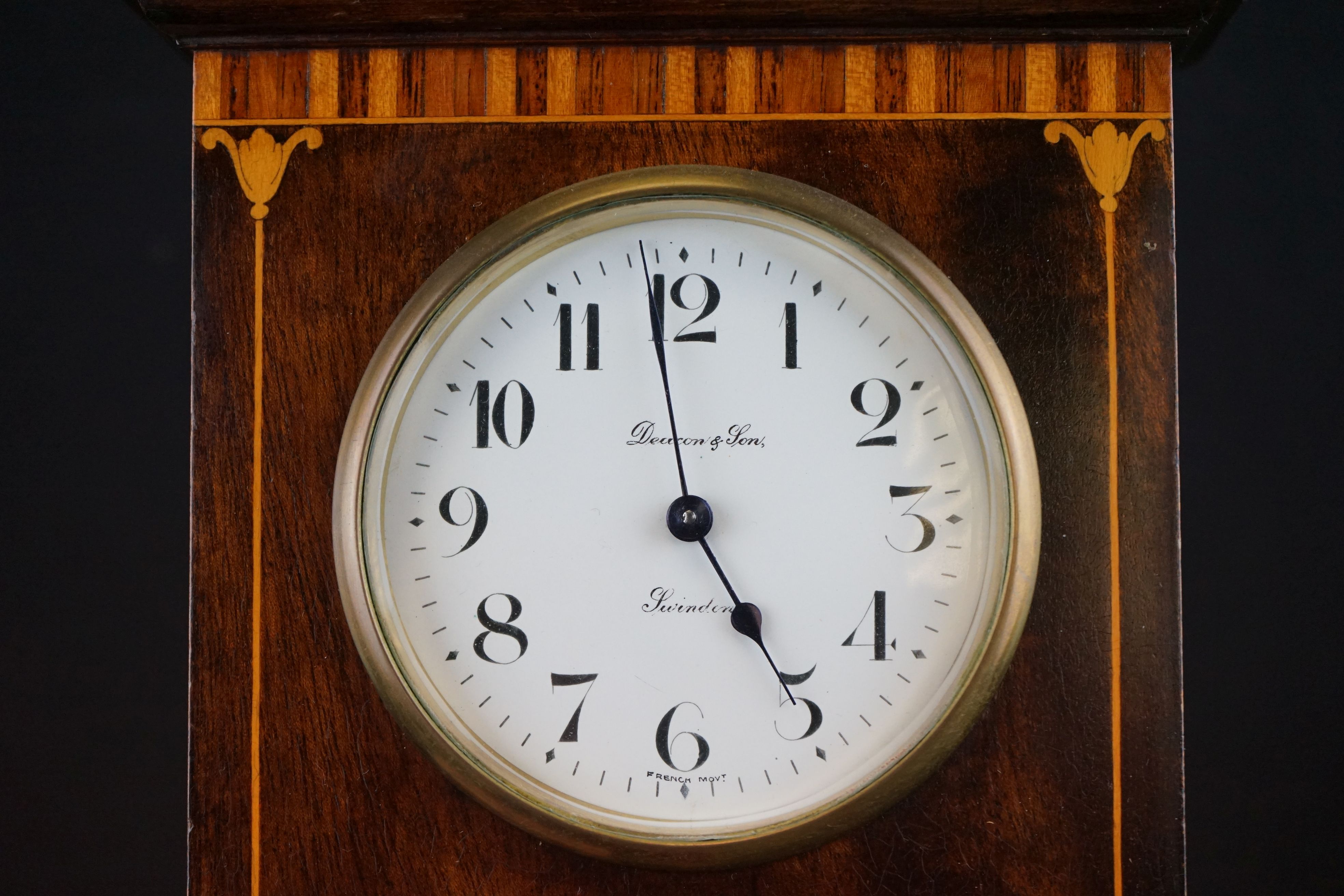 Two wooden cased mantle clocks to include a chiming example, both marked by Swindon retailers. - Image 3 of 8