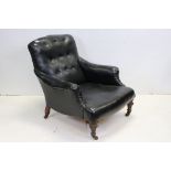 Victorian Low Club Armchair upholstered in black leatherette, raised on turned front legs and