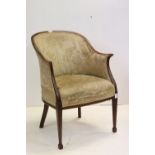 Edwardian Mahogany Inlaid Hoop Back Library Armchair with pale green floral upholstery, 53cms wide x