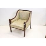 19th century Mahogany Framed Library Bergere Chair with pale green floral upholstery, with square