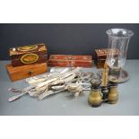 A box of mixed collectables to include silver plated cutlery, binoculars and wooden boxes.