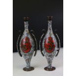 Pair of Japanese Twin Handled Cloisonne Vases, each with fine red panels depicting dragons and