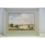 Vintage large watercolour, titled Harvest Time at Hadleigh Suffolk, by R Harley Smith