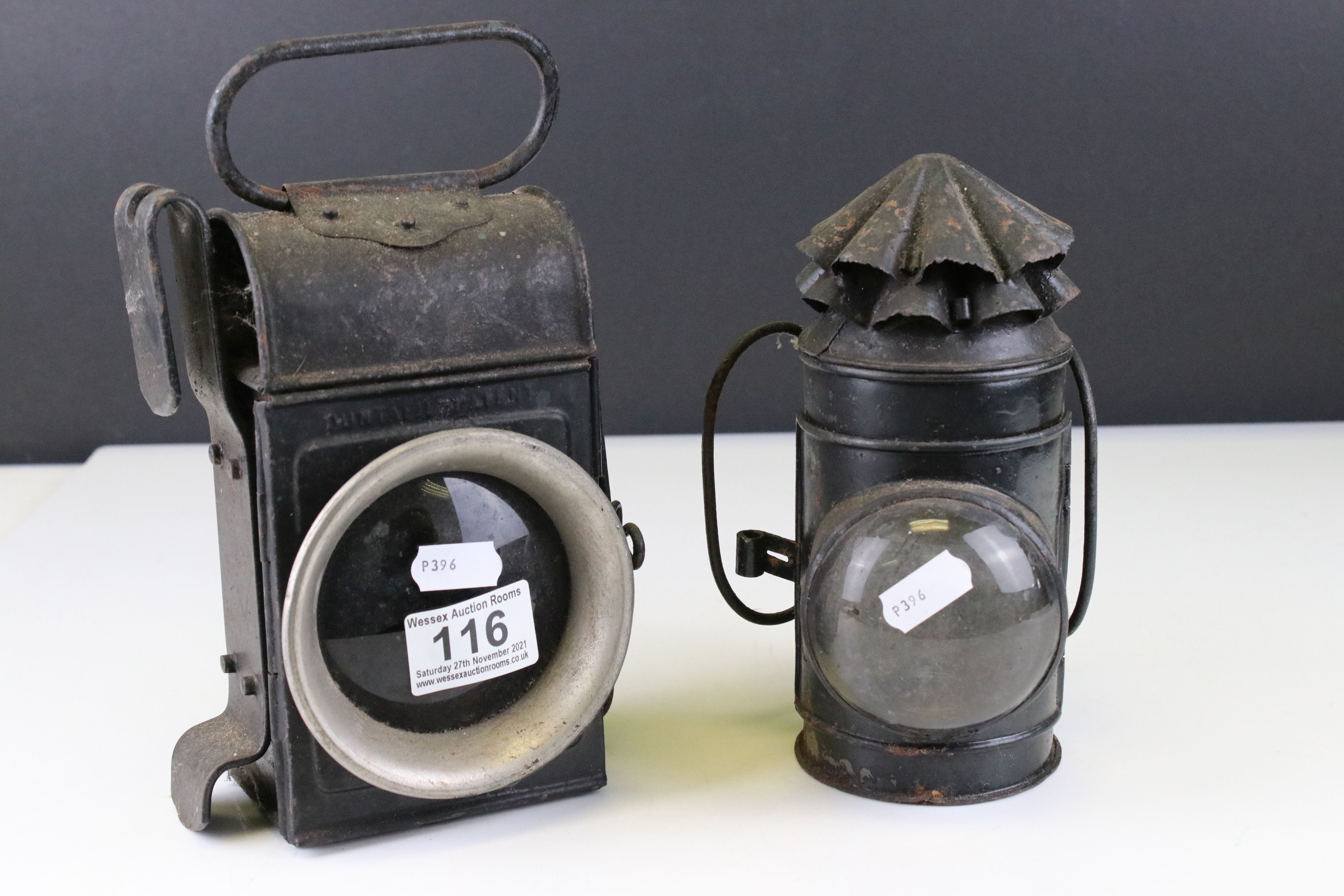 Two Hand Held Railway Lamps, tallest 22cms