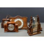 A collection of five Art Deco wooden photograph frames together with three wooden mantle clocks of a