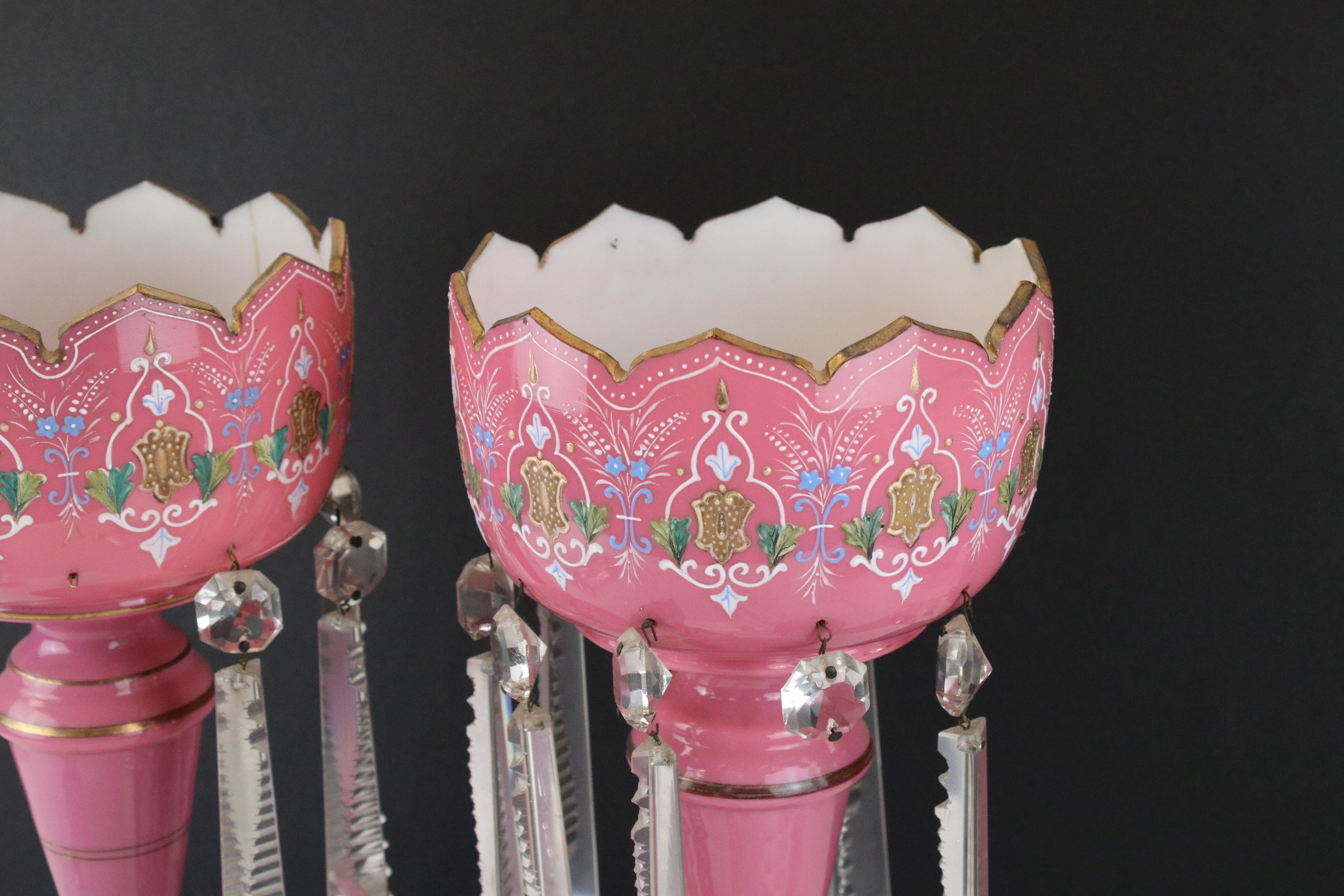 Pair of Victorian Pink Glass Lustres with gilt, pate sur pate and decoration, each hung with - Image 6 of 10