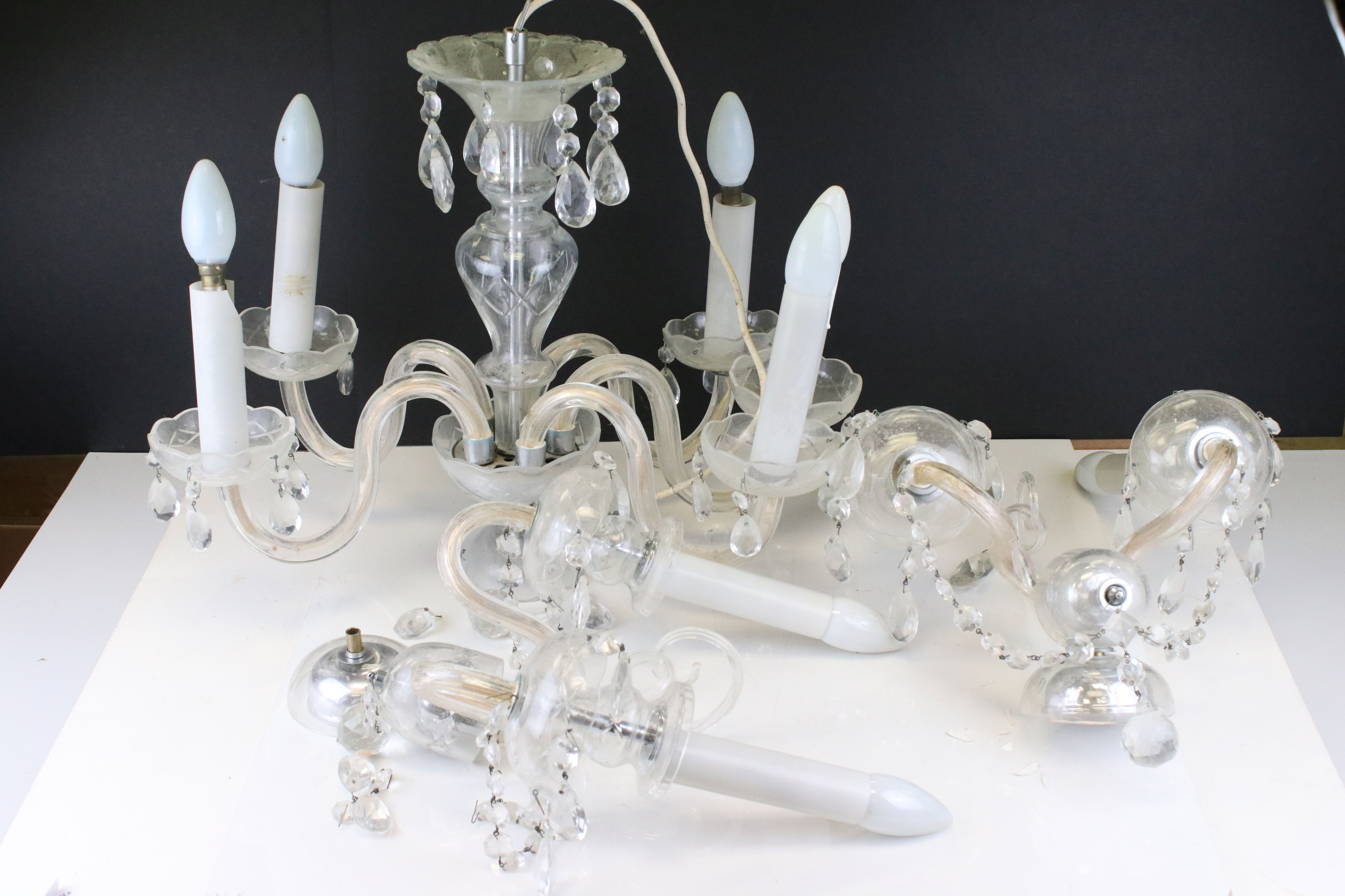 Early 20th century Glass Six Branch Central Light Fitting with crystal drops together with a Pair of