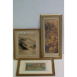 Oriental School, three Japanese framed prints, to include a view of Mount Fuji etc