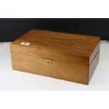 19th century Mahogany Writing Slope Box with brass inlay, the fitted interior with inkwells, 35cms