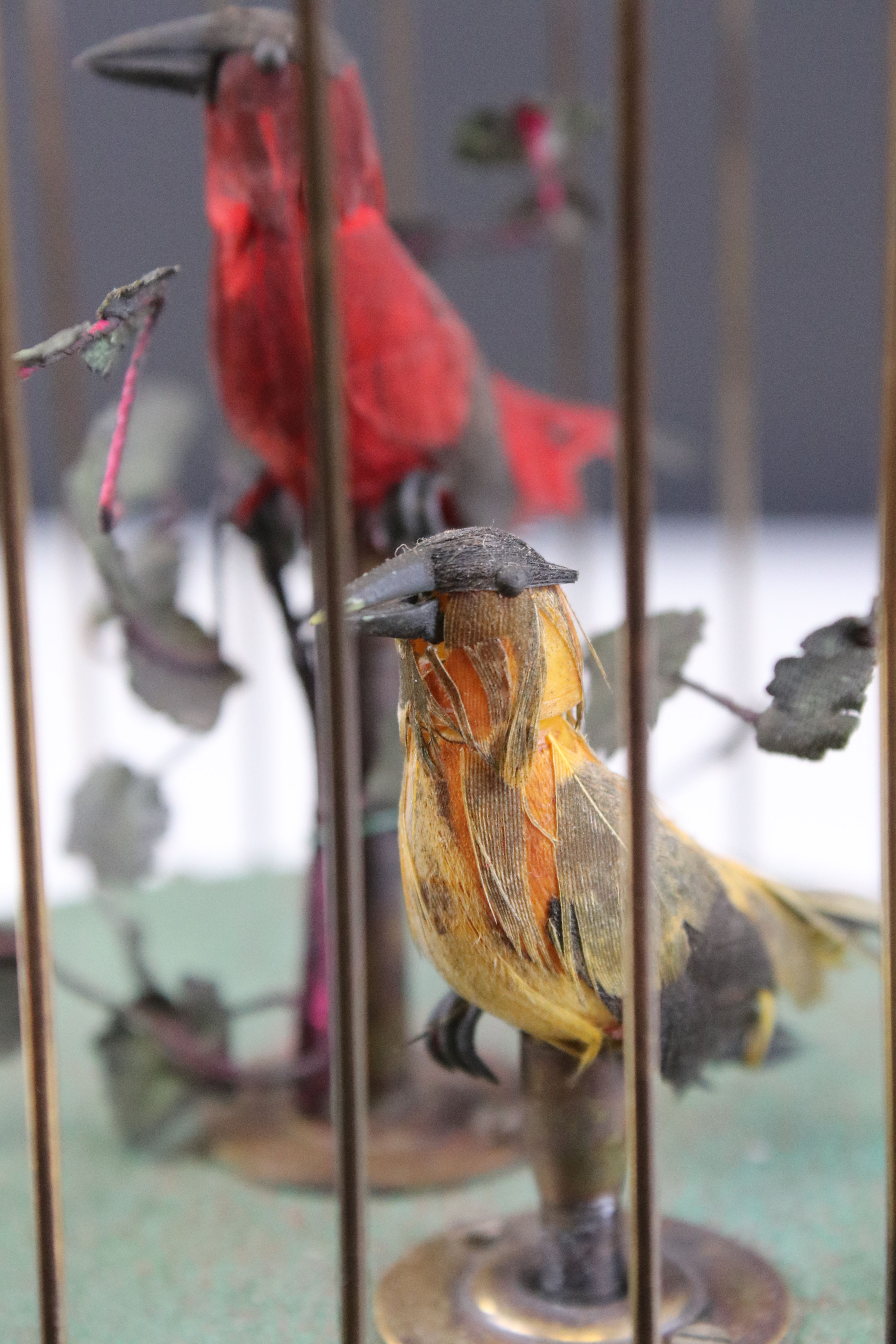 20th century Gilt Metal Bird Cage Clockwork Automaton with two singing birds, working at time of - Image 4 of 8