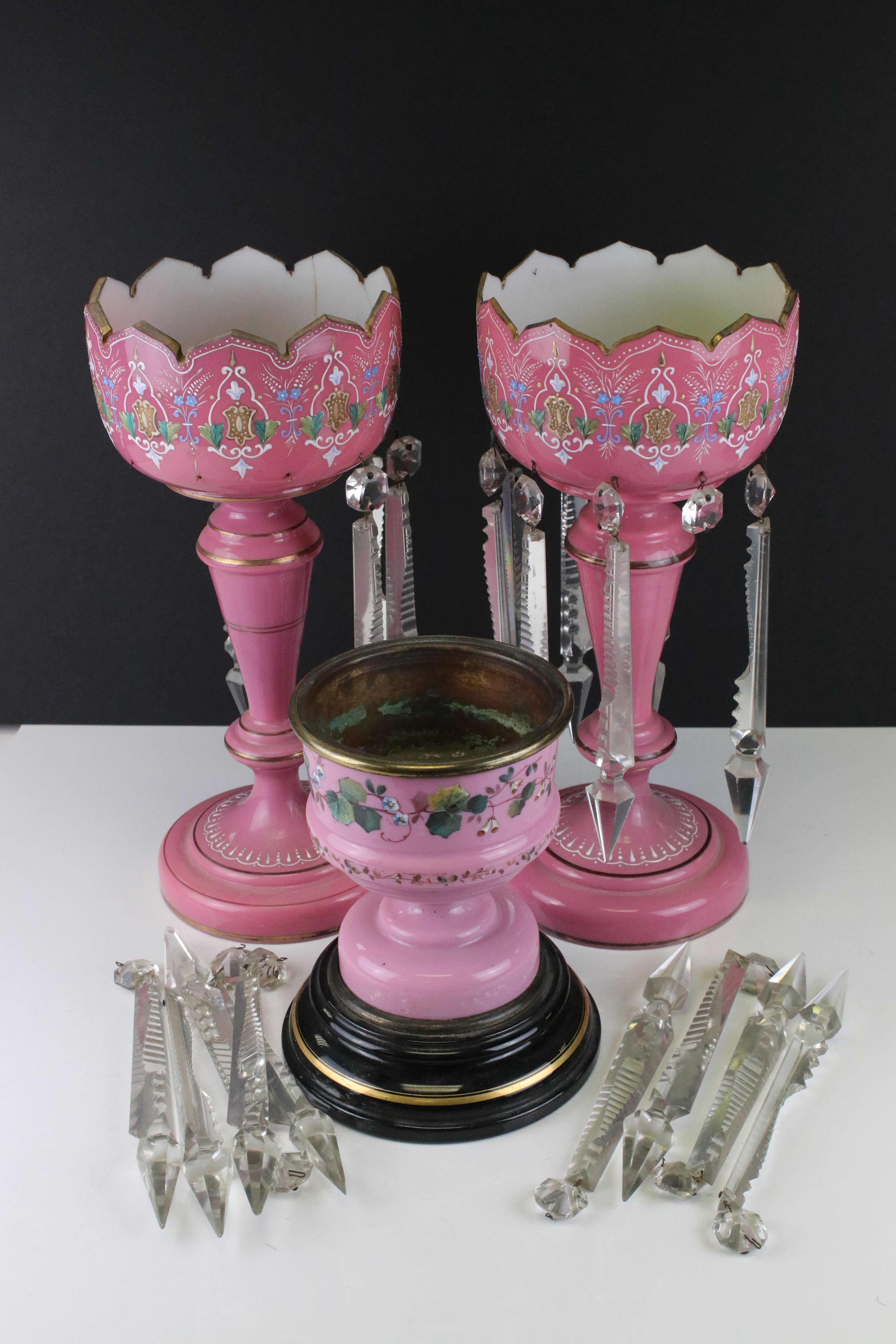 Pair of Victorian Pink Glass Lustres with gilt, pate sur pate and decoration, each hung with