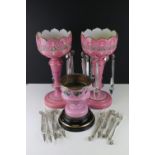 Pair of Victorian Pink Glass Lustres with gilt, pate sur pate and decoration, each hung with