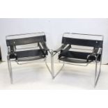 Pair of Marcel Breur ' Wassily ' style Black Leather and Chrome Chairs, each 77cms wide x 73cms high