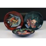 Three Moorcroft Pin Dishes in the Scintilla (by Shirley Hayes), Red Tulip and the Mamora patterns,
