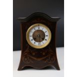 Edwardian Mahogany Inlaid 8 Day Mantle Clock, the white enamel and gilt faced with Roman and