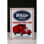 USA American Enamel Advertising Sign ' White Trucks - Tomorrow's Truck Today .... ', 30cms x 23cms