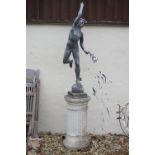 An lead outdoor statue of Hermes mounted to stone corinthian column base, Hermes stands approx 112cm