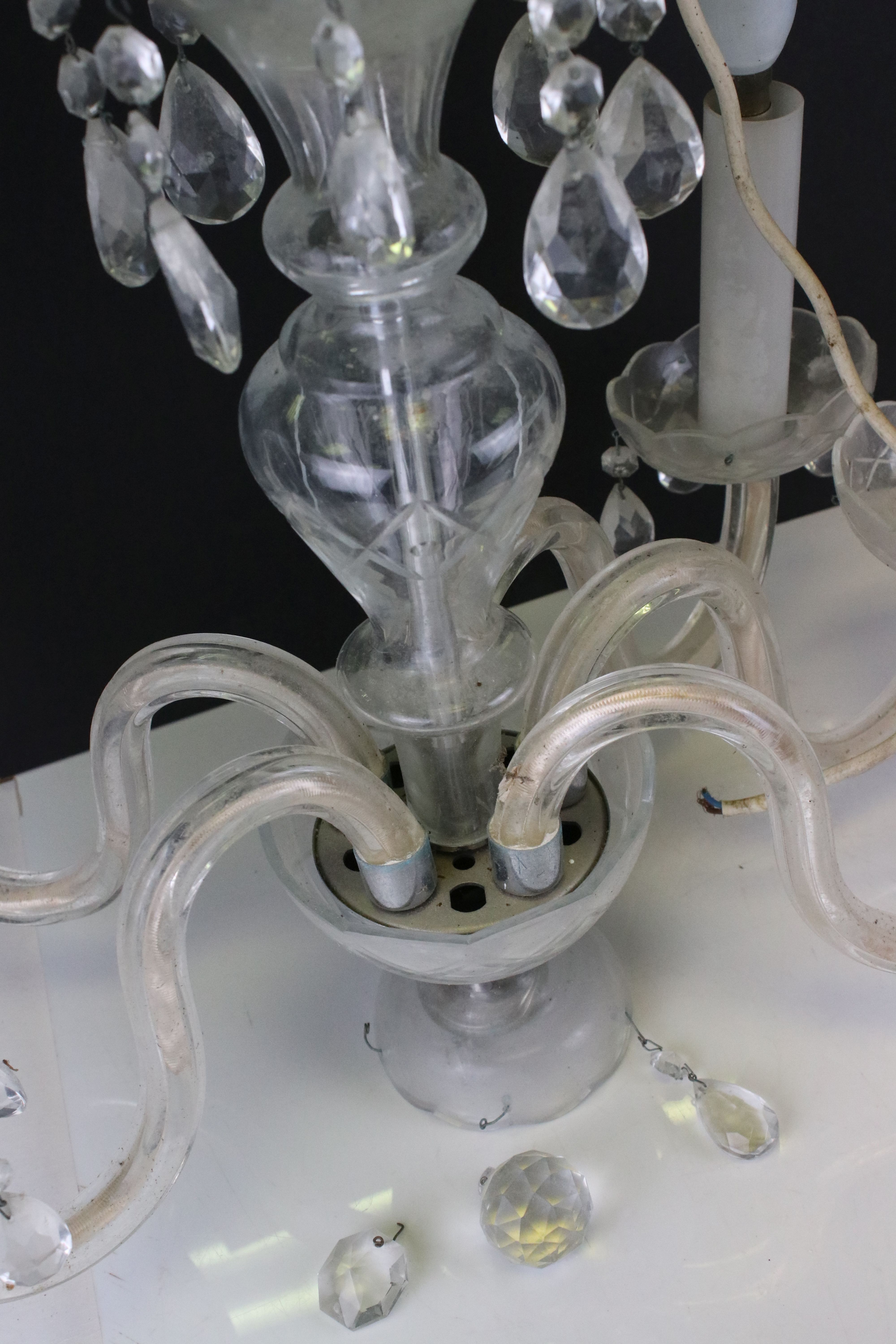 Early 20th century Glass Six Branch Central Light Fitting with crystal drops together with a Pair of - Image 4 of 12