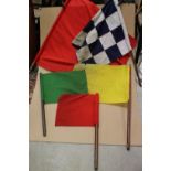 Five Flags including a Railway Checked ' Look out ' Flag, 63cms x 57cms together with Two Red Signal