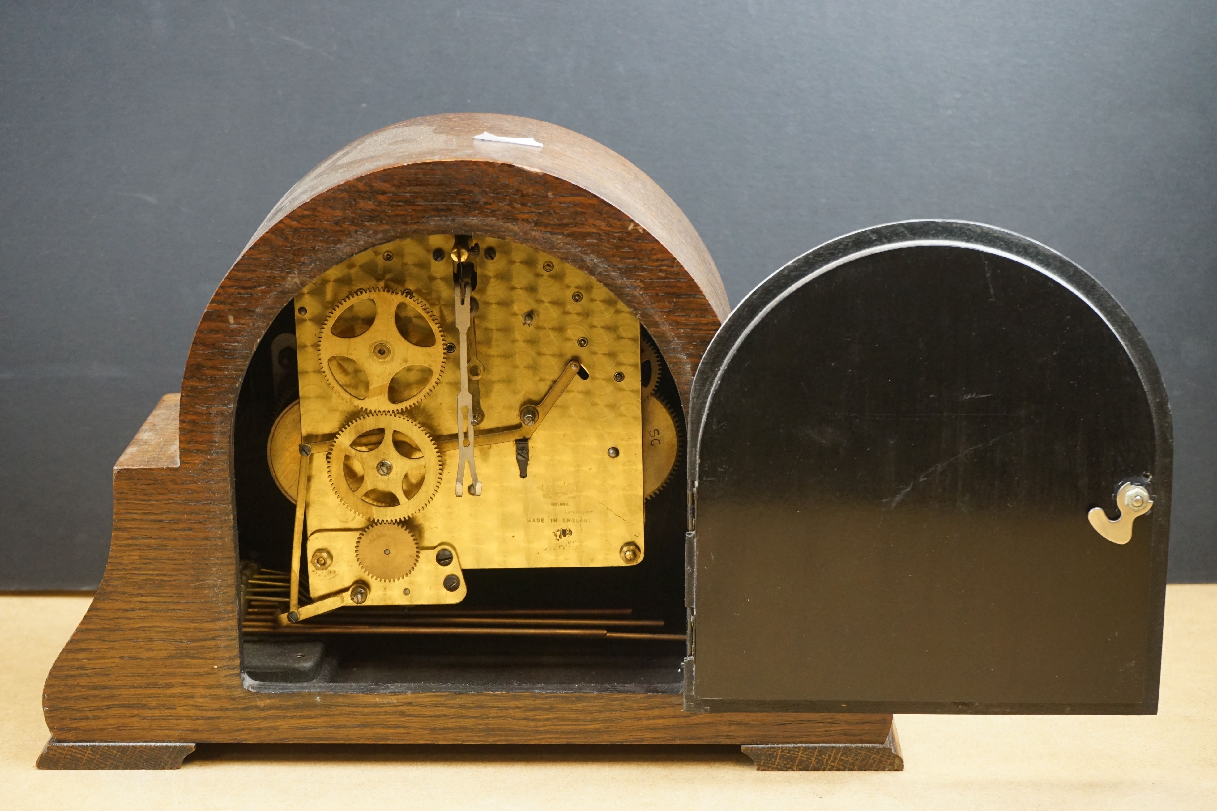 Two wooden cased mantle clocks to include a chiming example, both marked by Swindon retailers. - Image 6 of 8