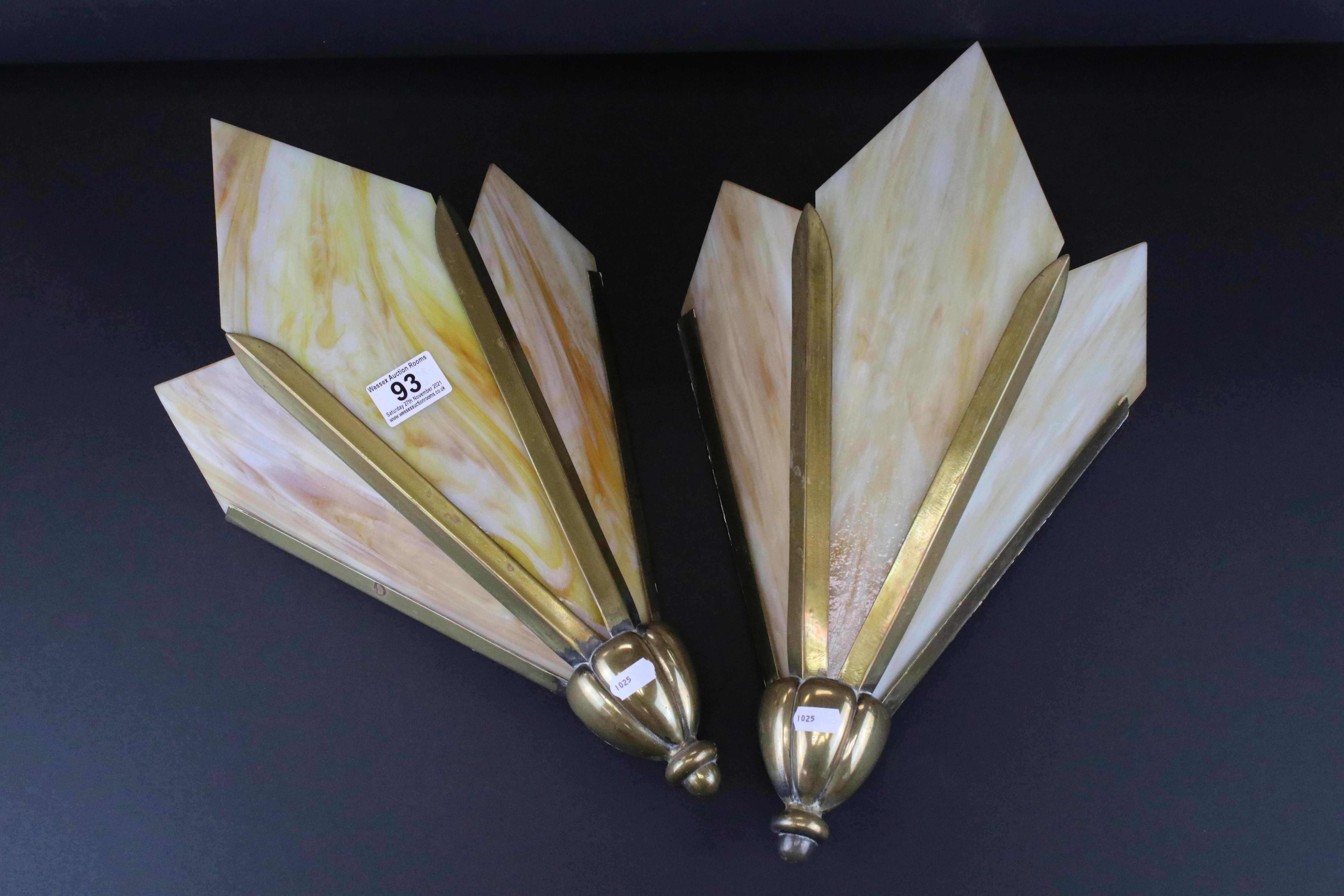 Pair of Art Deco Gilt Metal Wall Lights, each with three mottled yellow glass panels, 44cms high