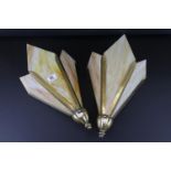 Pair of Art Deco Gilt Metal Wall Lights, each with three mottled yellow glass panels, 44cms high
