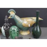 A box of mixed collectables to include ceramics, metal ware, Lladro pheasant and a glass dump