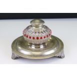 Bohemian Glass Inkwell with Silver Plated Hinged Lid mounted on a circular silver plated stand,