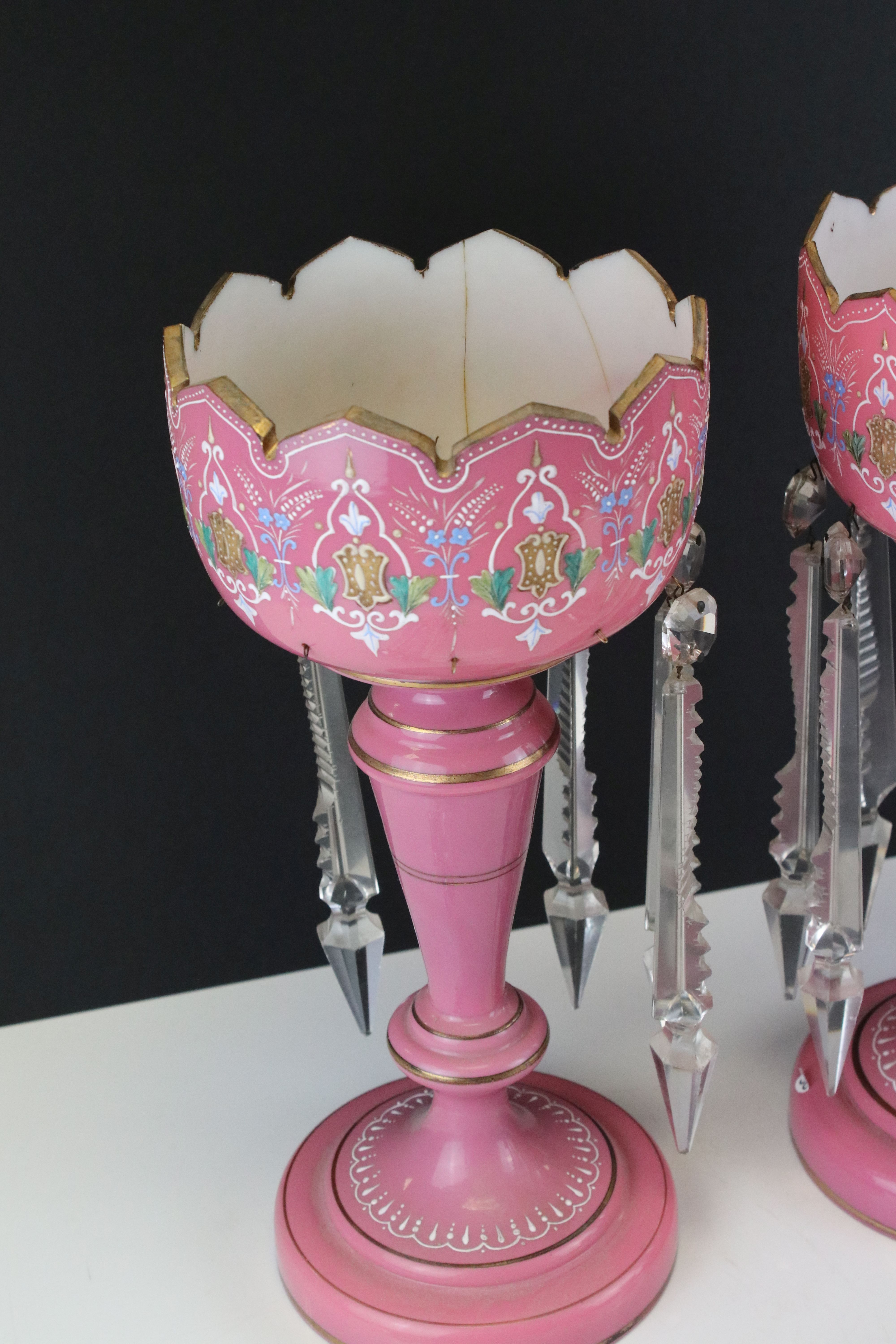 Pair of Victorian Pink Glass Lustres with gilt, pate sur pate and decoration, each hung with - Image 4 of 10