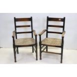 Pair of Oak Ladder Back Elbow Chairs with Rush Seats, 58cms wide x 102cms high
