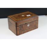 Victorian Walnut Jewellery Box with Tunbridge ware style and mother of pearl inlay, 25cms long