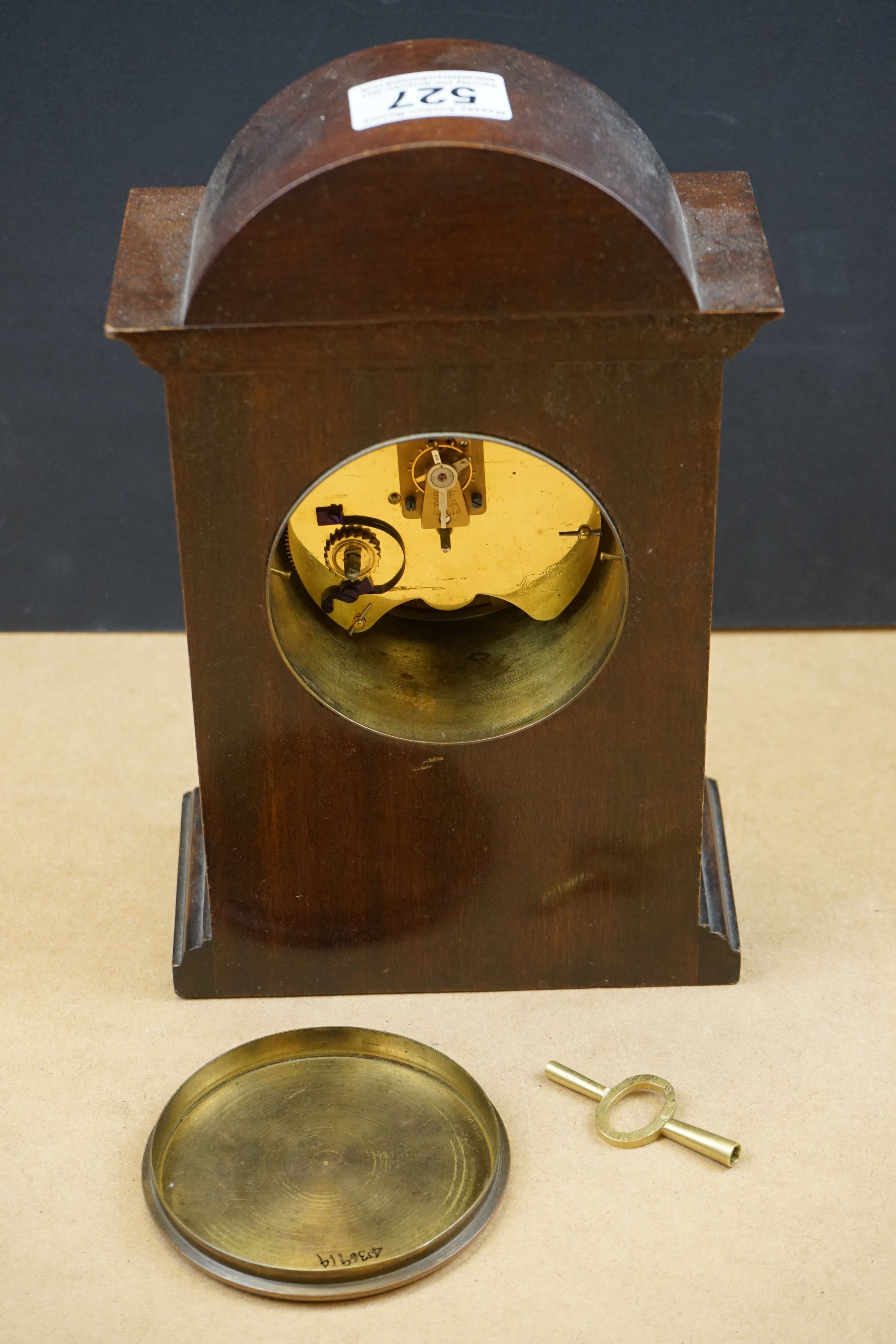 Two wooden cased mantle clocks to include a chiming example, both marked by Swindon retailers. - Image 4 of 8