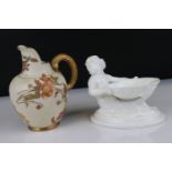 Royal Worcester Blush Ivory Jug decorated with flowers, shape 1094, puce marks to base, 13cms high