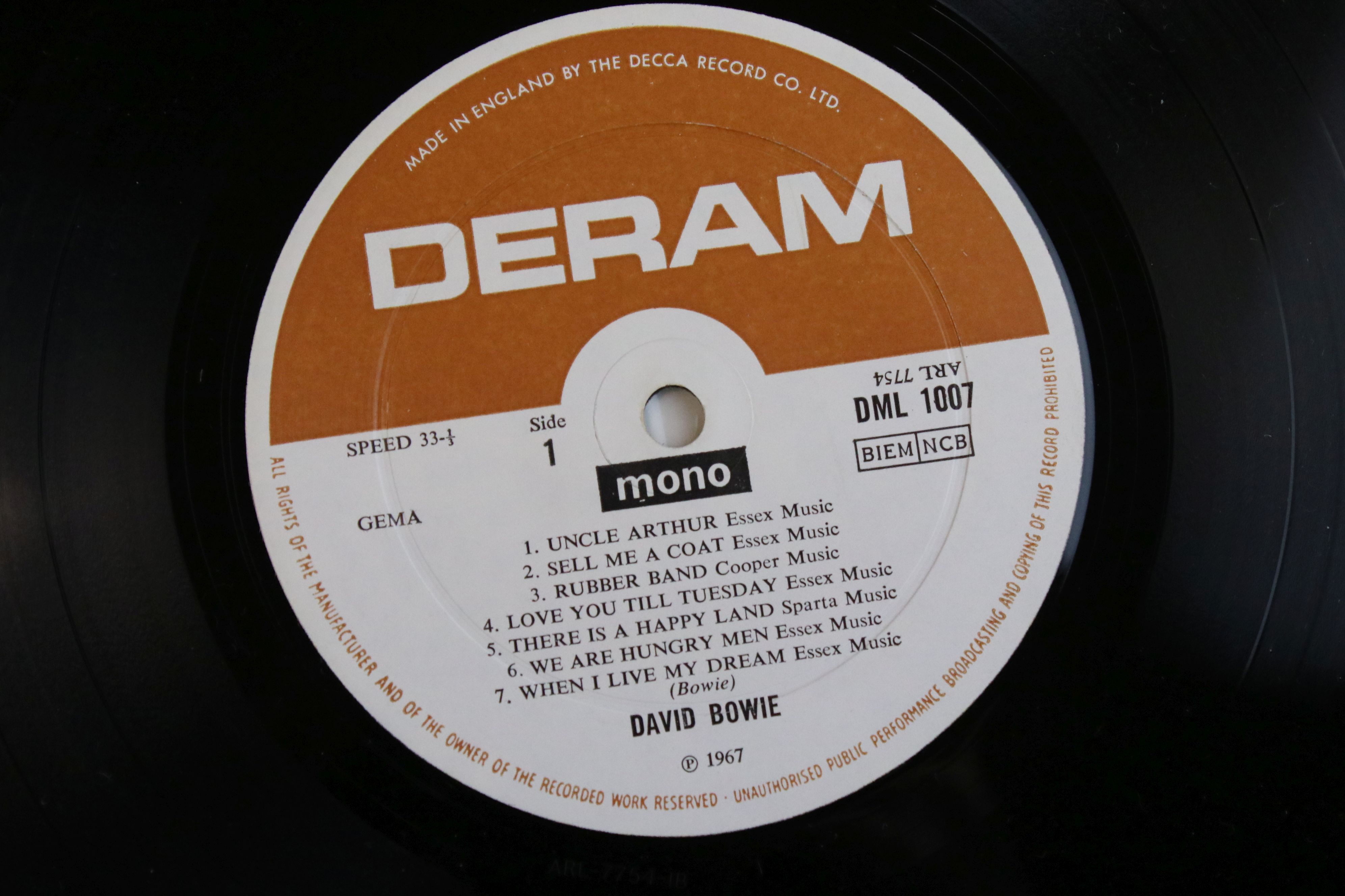 Vinyl - David Bowie Self Titled on Deram (DML 1007) mono, laminated front cover. Matrices 7754 1B - Image 2 of 6