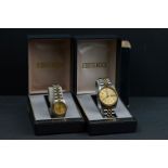 His & Hers Seiko 5 automatic datejust watches, both in original boxes