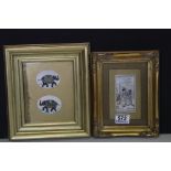 Anglo Indian School, framed miniature paintings, two of elephants framed as one & a romantic scene