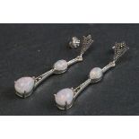 Pair of silver, marcasite & opal panelled drop earrings