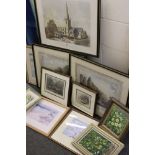Two watercolours & two oil on canvas paintings of flowers, Three Sir William Russell Flint Prints